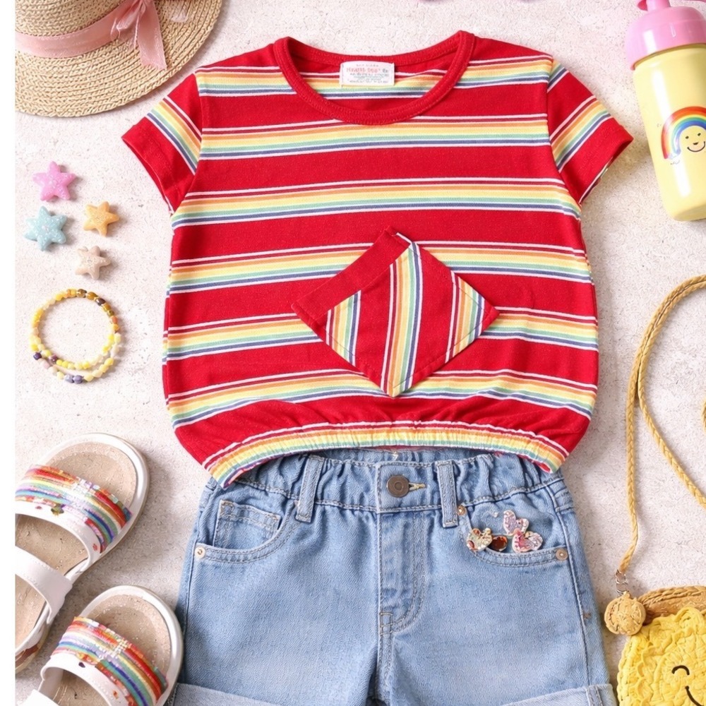 Vintage Health-tex Kids Red Rainbow Stripe Bubble Hem Shirt Size 6X Made in USA‎